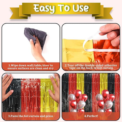 2 Pack Red Black Gold Foil Fringe Backdrop Curtains, Tinsel Streamers Party Decorations, Fringe Backdrop, Door Shimmer for Thanksgiving Day or Birthday Party