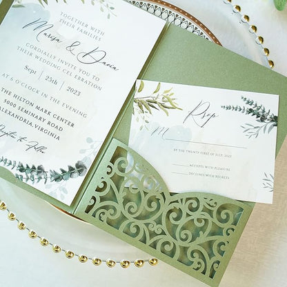 ponatia 5.12 x 7.2 Sage Green Laser Cut Wedding Invitations, 20PCS Tri-Fold 5x7 Trifold Laser Cut Invitation Pockets with Envelopes for Wedding Bridal Shower Engagement (No Inner Sheet)