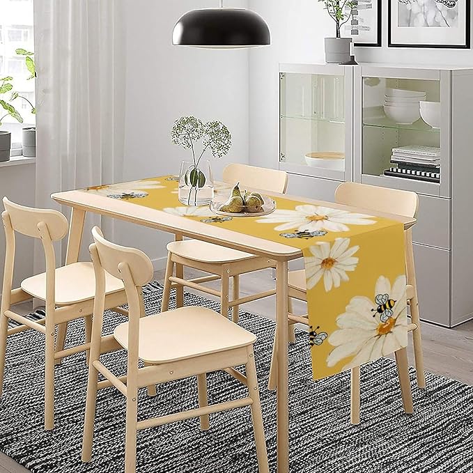 Daisy Flower Table Runner, Summer Spring Seasonal Watercolor Wildflower Yellow Bee Print Table Cover for Home Party Decor Kitchen Dining Table, 13x70inch