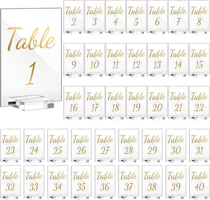 40 Pack Gold Acrylic Wedding Table Numbers 1-40 Clear Stand with Calligraphy Holders - 4 x 6 Inch Acrylic Table Signs for Wedding Reception Centerpieces