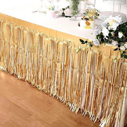 4 Pack 29x108 Inch Metallic Foil Fringe Tinsel Table Skirts for Rectangle Tables Streamer Curtains Backdrop for Christmas, Birthday, Parade Floats, Halloween Party Supplies(Champagne Gold)