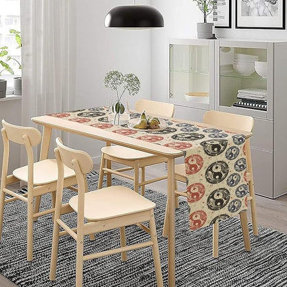 Yin Yang Table Runner, Vintage Mid Century Traditional Oriental Koi Fish Mystical Celestial Moon Stars Print Table Runner for Kitchen Dining Table Party Decor, 13x120inch