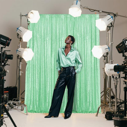 Mint Green Sequin Backdrop Curtain 2 Pieces 2FTx8FT Glitter Photography Backdrop for Party Wedding Birthday Christmas Decorations