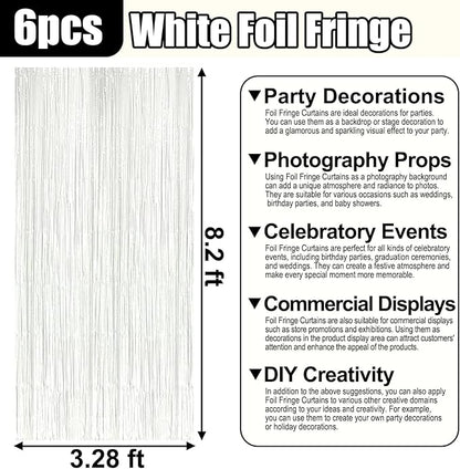 6 Pack White Foil Fringe Curtain Backdrop, 3.28Ft x 8.2Ft Metallic Tinsel Foil Fringe Streamer Curtains for Photo Booth, Birthday, Wedding, New Year Party Decorations