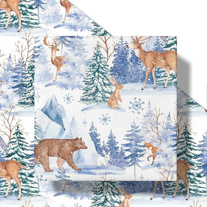 LeZakaa Christmas Wrapping Paper Roll, Winter Forest Animal Gift Wrap with Deer Bear Rabbit Snowflake Design, Watercolor Style, for Xmas Presents Family Gatherings, Holiday, Mini Roll 17 in x 16.4 Ft
