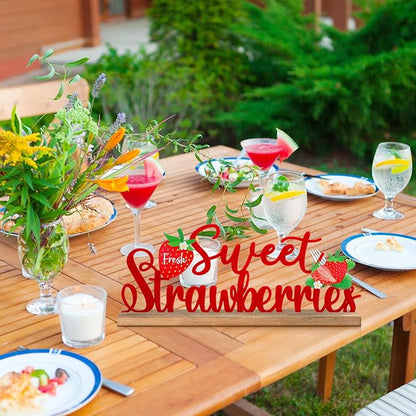 Fresh Sweet Strawberries Metal Sign Rustic Table Decor Summer Tiered Tray Decor with Wooden Base Freestanding Metal Word Sign for Home Tabletop Centerpiece Mantel Shelf Fireplace