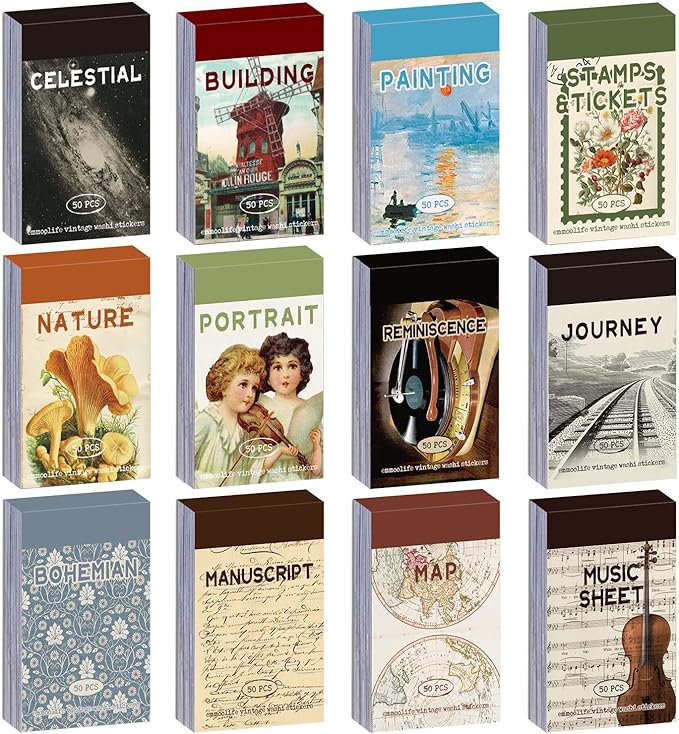 12 Sets 600 Sheets Washi Stickers for Journaling, Map Nature Celestial Portrait Boho Stickers Vintage Aesthetic Scrapbook Sticker Set for Bullet Journal Art Diary Card Craft Gifts Planner Notebook