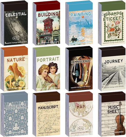 12 Sets 600 Sheets Washi Stickers for Journaling, Map Nature Celestial Portrait Boho Stickers Vintage Aesthetic Scrapbook Sticker Set for Bullet Journal Art Diary Card Craft Gifts Planner Notebook