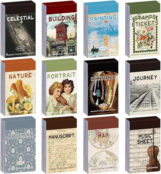 12 Sets 600 Sheets Washi Stickers for Journaling, Map Nature Celestial Portrait Boho Stickers Vintage Aesthetic Scrapbook Sticker Set for Bullet Journal Art Diary Card Craft Gifts Planner Notebook