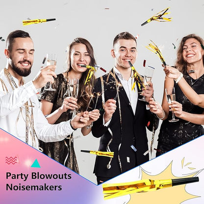 120 Pcs Glitter Bomb Noise Maker Gold Metallic Fringed Squawker Blowouts Silver Musical Blower Whistle for Birthday New Years Party Supplies Sporting Events Graduation (Gold)