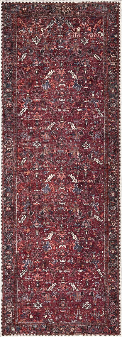 Bloom Rugs Washable Non-Slip 10 ft Runner - Burgundy Traditional Bordered Runner for Entryway, Hallway, Bathroom, and Kitchen - Exact Size: 2.5' x 10'
