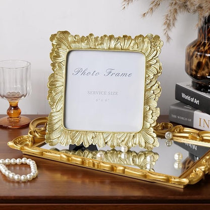 Cuspin 6x6 Gold Picture Frame, Vintage Gold Palm Leaves Textured Hand-Crafted Resin Frames with Glass Front, Retro Square Photo Frame for Wall and Tabletop Display Home Decor