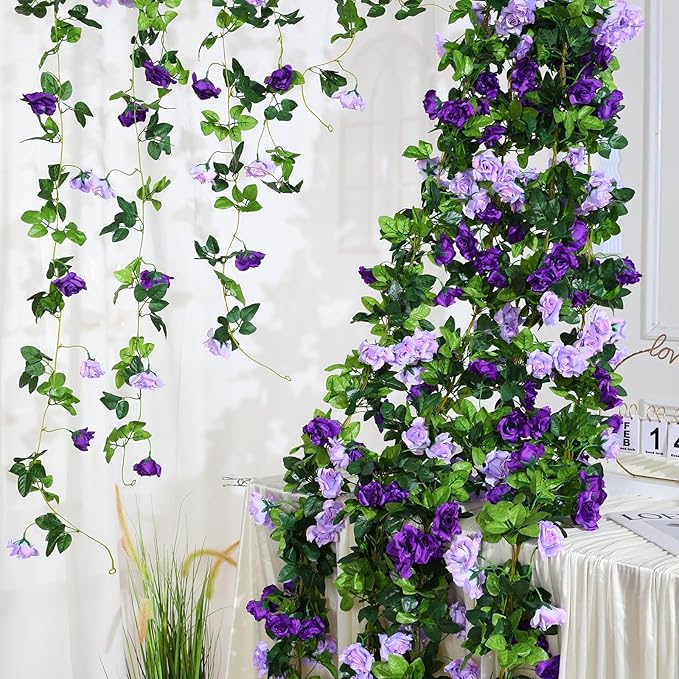 Floweroyal 6 Pack Artificial Flower Garlands 7.9FT Fake Rose Vines Silk Flowers Hanging Rose Ivy for Wedding Arch Party Home Garden Wall Decor (Purple)