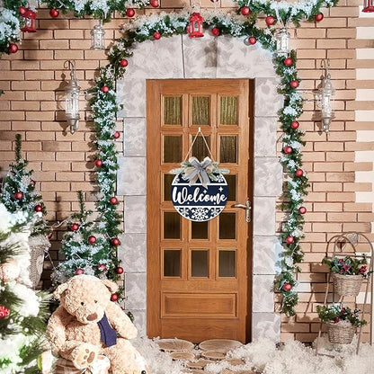 CHDITB Blue Welcome Winter Front Door Sign Wreath(11.4”), Wooden 3D Welcome Home Decoration Wall Hanging with Plaid Bow Snowflake, Farmhouse Christmas New Year Decor for Home Office