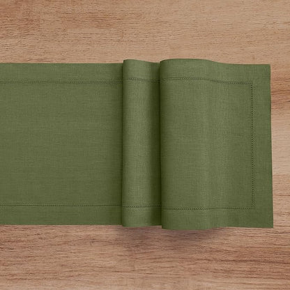 Solino Home Linen Table Runner 48 Inches - 100% Pure Linen Olive Hemstitch Table Runner 14 x 48 Inch Ideal for Dresser and Coffee Tables - Classic Hemstitch - Thanksgiving