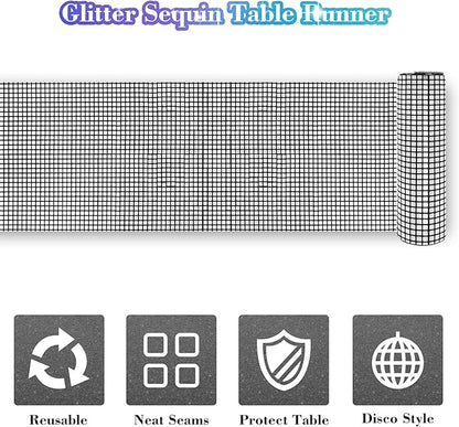 4 Packs Black and Silver Disco Table Runner, 12 x 108 Inches Mirror Glitter Sequin Table Runner Table Decor for 70s 80s Disco Party Birthday Party