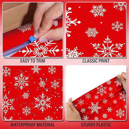 4.5x 100 Feet Roll of Christmas Plastic Tablecloth Decorations,Disposable White Snowflake Red Xmas Table Cover Photography Backdrop with Cutter Box for Winter Christmas Holiday New Year Party Supplies