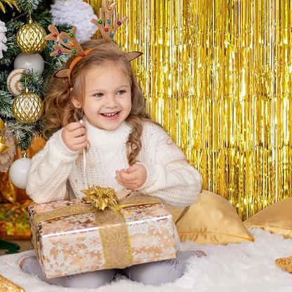 5 Pack Gold Foil Curtain Backdrop 3.2ft x 9.8ft Metallic Tinsel Foil Fringe Curtains Streamer Photo Booth Backdrop for Birthday Party Engagement Bachelorette Party Decorations (Gold)