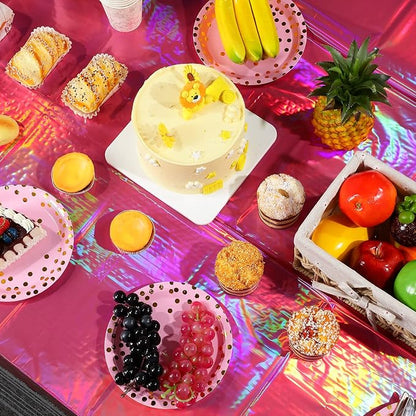 8 Pack Hot Pink Iridescence Plastic Tablecloths Shiny Disposable Laser Rectangle Table Covers Holographic Foil Tablecloth Iridescent Party Decorations Birthday Bridal Wedding Christmas, 54 x 108 Inch