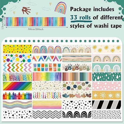 TaoBary 33 Rolls Holiday Plaid Washi Tape, 15 mm Seasonal Washi Tape Set Bohemian Colorful Vintage Cute for Card Wrapping Craft(Rainbow Style)