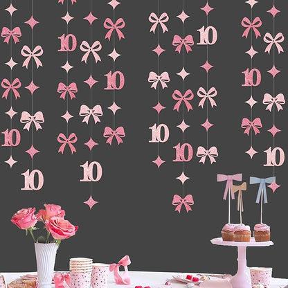Glitter Pink 10th Bow Birthday Decorations Hot Pink Conquette Bow Garland Streamer Banner Backdrop for Girls Happy 10th Birthday Double Digits I'm 10 Cheers to 10 Years Old Anniversary Party Supplies