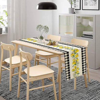 Lemon Table Runner,Black Buffalo Plaid Lemon Table Runner Farmhouse Style Spring Summer Home Kitchen Dinding Room Table Decoration 13x72 Inch