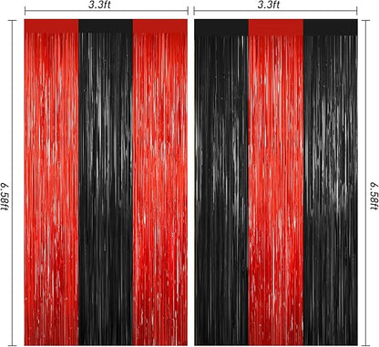 2Pack Black Red Backdrop Curtains Party Decor, Door Streamers Photo Booth Backdrop Metallic Party Streamer Tinsel Foil Fringe Curtains Backdrop Halloween Baby Shower Bachelorette Xmas Party Decors
