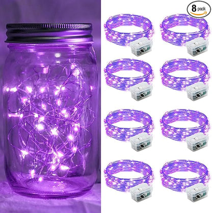 8 Pack Purple Fairy Lights 7Ft 20 LED Twinkle String Lights 3 Modes Battery Operated Waterproof Firefly Starry for Mason Jar Party Wedding Christmas Valentines Day Table Centerpieces