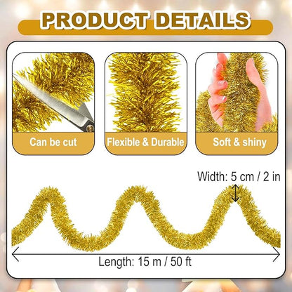 50 Feet Christmas Foil Fringe Banner Metallic Tassle Garland Metallic Backdrop Parade Floats Shiny Hanging Ceiling, Valentine's, Wedding, New Year Party Decorations(2" x 50', Gold)