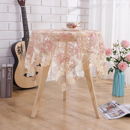 Round Embroidered Lace Tablecloth Vintage Decorative Exquisite Border Table Cover for Party Wedding Home Decorations, Round-70, Pink