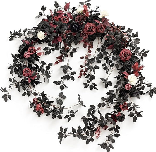 Ling's Moment 9FT Eucalyptus & Willow Leaf Garland with White Flower, Handcrafted Wedding Sweetheart Table Centerpieces Head Table Decor Arch Backdrop Decorations for Wedding | Black & Burgundy