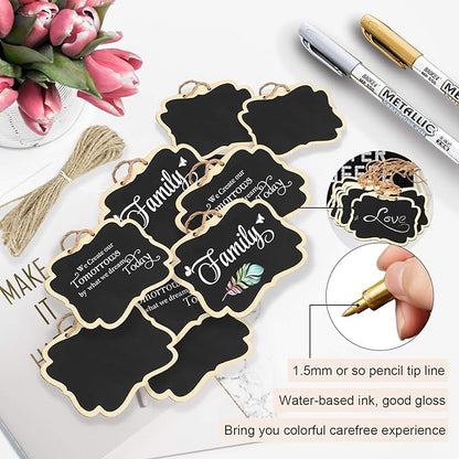 24PCS Reusable Chalkboard Tags with String, ULENDIS 2.36x3.35 Inch Wooden Chalkboards Signs with Gold and Silver Markers, Double-Sided Blackboard for Message Board Signs, Hanging Chalkboard Labels