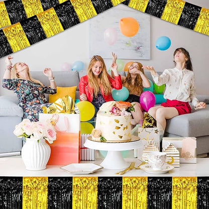 4 Pack 10 Ft Black and Gold Foil Fringe Garland Metallic Streamers Tinsel Banner Wall Hanging Garland Backdrop for Parade Floats, Halloween, Christmas, Thanksgiving, New Year Party Decorations