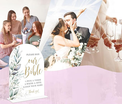 Acrylic Wedding Signs, Greenery Theme Please Sign Our Bible, Wedding Reception Signage, Bridal Shower Table Decor with Stand, Engagement, Anniversary, Newlywed Events and Parties Supplies, 11