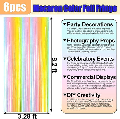 6 Pack Rainbow Foil Fringe Curtain Backdrop, 3.28Ft x 8.2Ft Metallic Tinsel Foil Fringe Streamer Curtains for Photo Booth, Birthday, Wedding, New Year Party Decorations