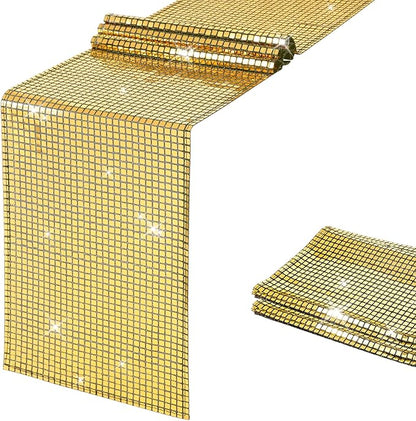 SquarePie Disco Table Runner Mirror Glitter Black and Gold Sequin Runner for 70s 80s Disco Dance Bachelorette Party Supplies Table Decorations (12x108 Inches ,2 Pack)