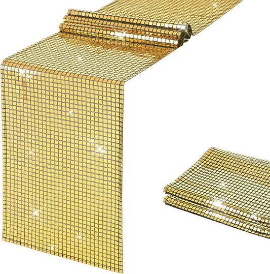 SquarePie Disco Table Runner Mirror Glitter Black and Gold Sequin Runner for 70s 80s Disco Dance Bachelorette Party Supplies Table Decorations (12x108 Inches ,2 Pack)