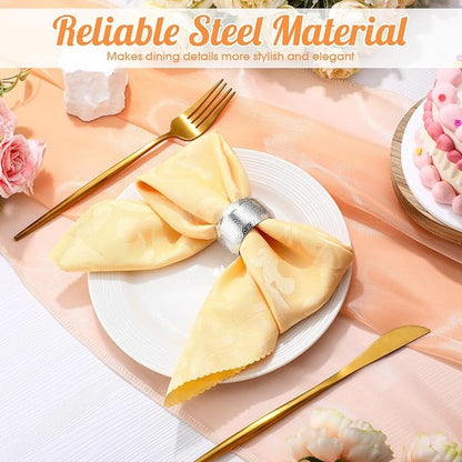 Lallisa 24 Pcs Gold Napkin Rings Metal Napkin Ring Holders for Cloth Table Decorations for Wedding Anniversary Birthday Dinners Party of Table Setting (Silver)