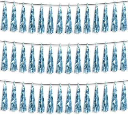 3P Light Blue Foil Fringe Metallic Tassel Streamers Banner Tassel Garland for Parade Floats, Bachelorette, Wedding, Birthday, Halloween, Christmas, Bridal/Baby Shower Party Decorations