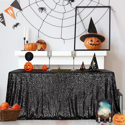 SquarePie Sequin Tablecloth 50 x 72 Inch Black Sparkly Table Cloth for Halloween Wedding Party