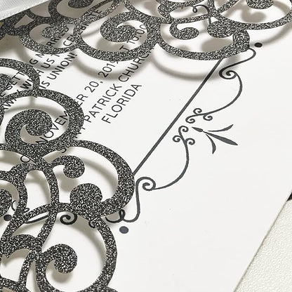 50Pcs Laser Cut Black Wedding Invitation With Glitter Envelopes And Ribbons Blank Personalized Card Invitaciones Para quinceañera Birthday Baby Shower Christmas Party Bridal Shower