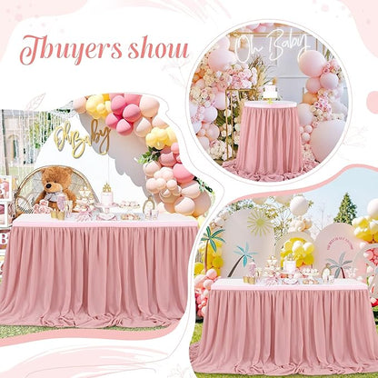Dusty Rose 6ft Table Skirt for Rectangle Tables or Round Tables Sheer Tablecloth for Baby Girl Birthday Princess Party Wedding Table Decor