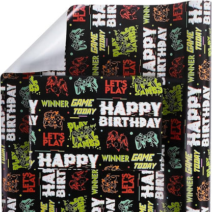 Aimyoo Gaming Birthday Wrapping Paper Roll - 17 Inch X 32.8 Feet - Black Happy Birthday Video Game Pattern Gift Wrap Paper for Boys Party, Baby Shower, Holiday