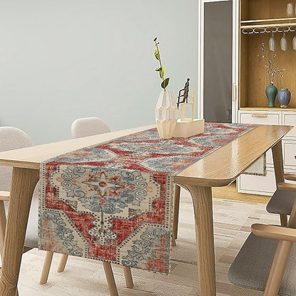 Boho Floral Vintage Table Runner, Retro Blue Red Flower Rustic Country Farmhouse Abstract Pattern for Home Kitchen Table Decor Dining Coffee Room Party Decor 13x120in