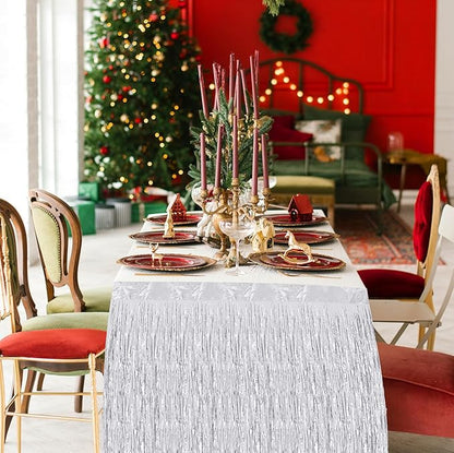 4 Pack 29.5x108 Inch Metallic Foil Fringe Tinsel Table Skirts, Streamer Garland Curtains Backdrop for Rectangle Tables Wedding Birthday Parade Floats Christmas Party Decoration(Silver)