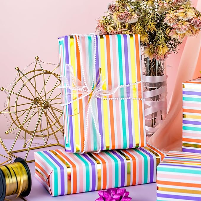 Yarcony Gift Wrapping Paper Roll, Rainbow Wrapping Paper, Colorful Stripes Gift Wrap with Gold Foil for Birthday, Baby Shower, Wedding, Christmas, All Occasions (Mini Roll, 17 Inch X 33 Feet)