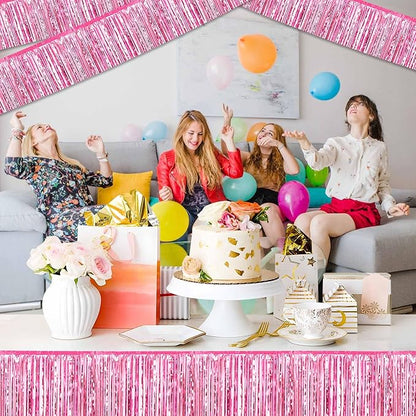 4 Pack 10 Ft Pink Foil Fringe Garland Metallic Streamers Tinsel Banner Wall Hanging Garland Backdrop for Parade Floats, Halloween, Christmas, Thanksgiving, New Year Party Decorations