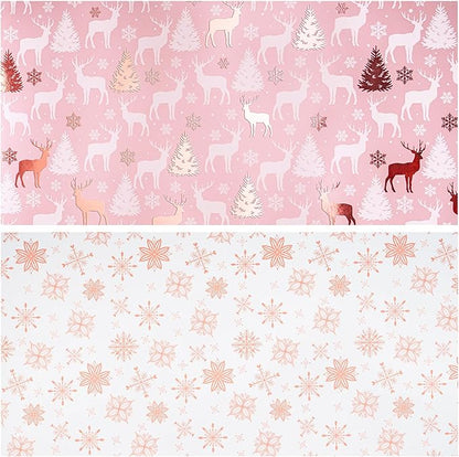 LeZakaa Christmas Pink Wrapping Paper Mini Roll, Reindeer & Snowflake, Metallic Foil, Rose Gold Foil Reversible Design for Festive Winter Holiday, Family Gathering, 17 inches x 32.8 Feet