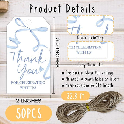 Thank You Gift Labels with String, 2x3.5 Inch Thank You for Celebrating with Us Tag, Blue Bow Print, Gift Tags for Birthday Party Baby Bridal Shower Wedding Favor-A14