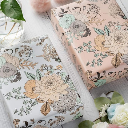 WRAPAHOLIC 30 Inch Jumbo Floral Wrapping Paper - 30 Inch X 33 Feet - Vintage Floral Printed on White Pearlized Paper Design for Wedding, Birthday, Mother's Day